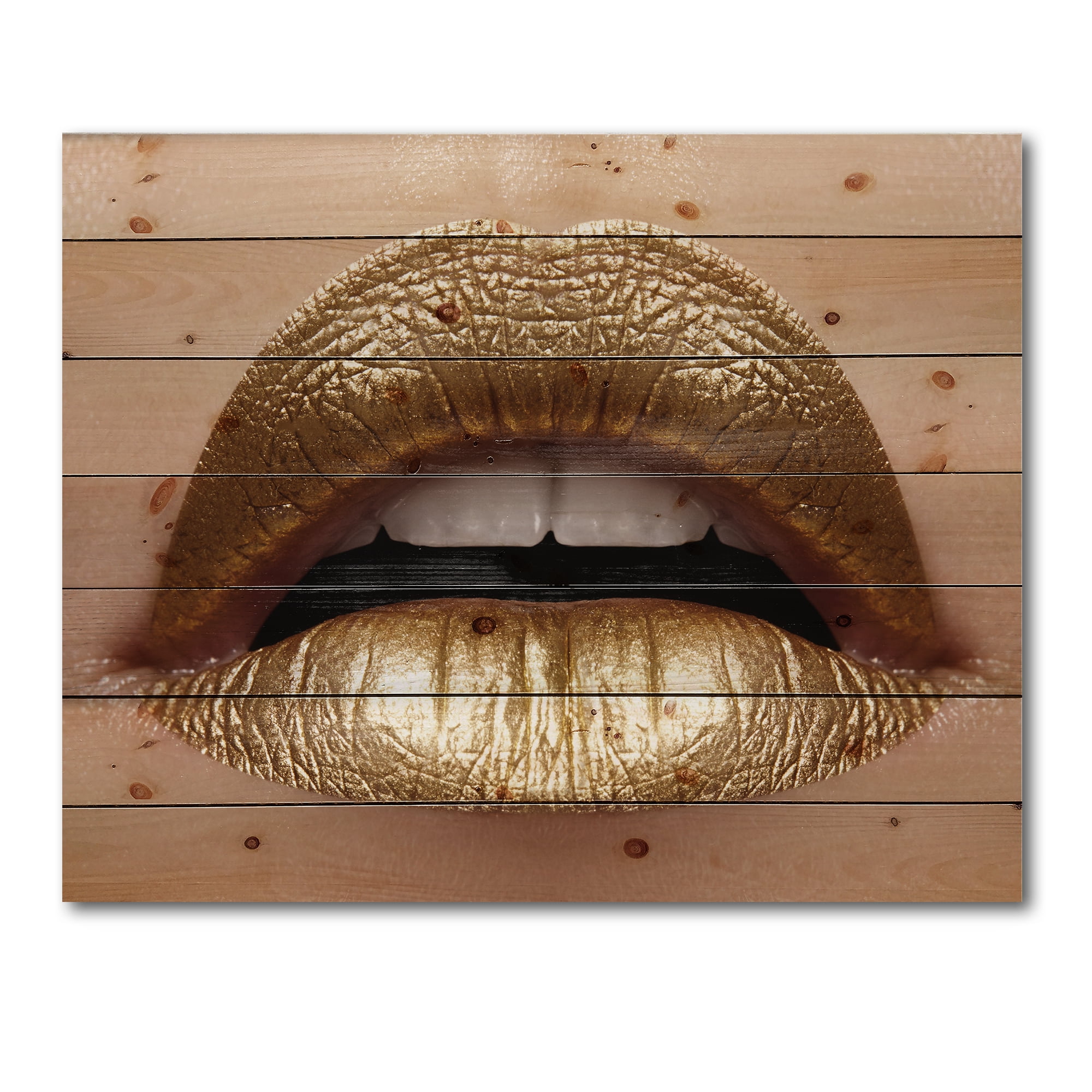 Designart 'Close Up of Woman Plump Lips With Golden Lipstick' Modern Print on Natural Pine Wood