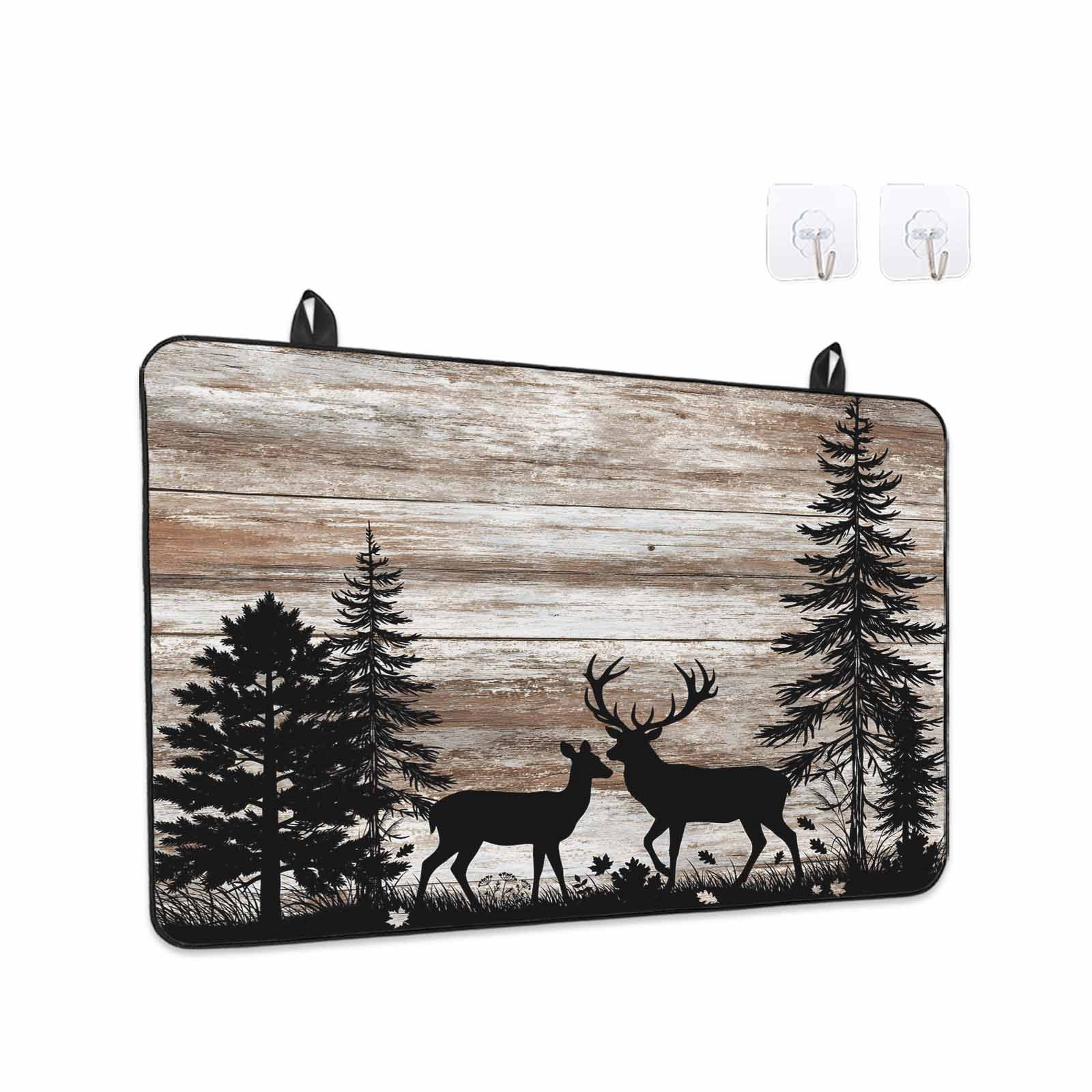 Deer Silhouettes Stove Top Cover for Electric Stove, Heat-proof & Non Slip Glass Top Stove Cover Protector, Trees Wooden Retro Art Farmhouse Kitchen Flat Cooktop Rubber Mat 24x21 Inches