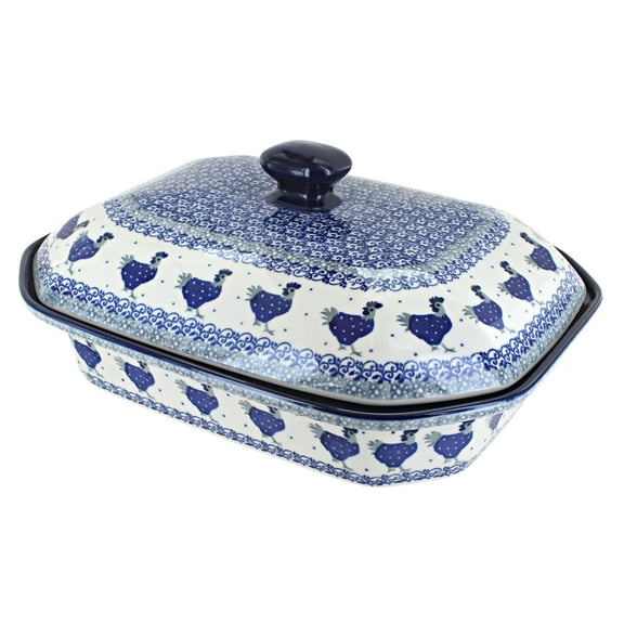 Blue Rose Polish Pottery Barnyard Rooster Large Covered Baker