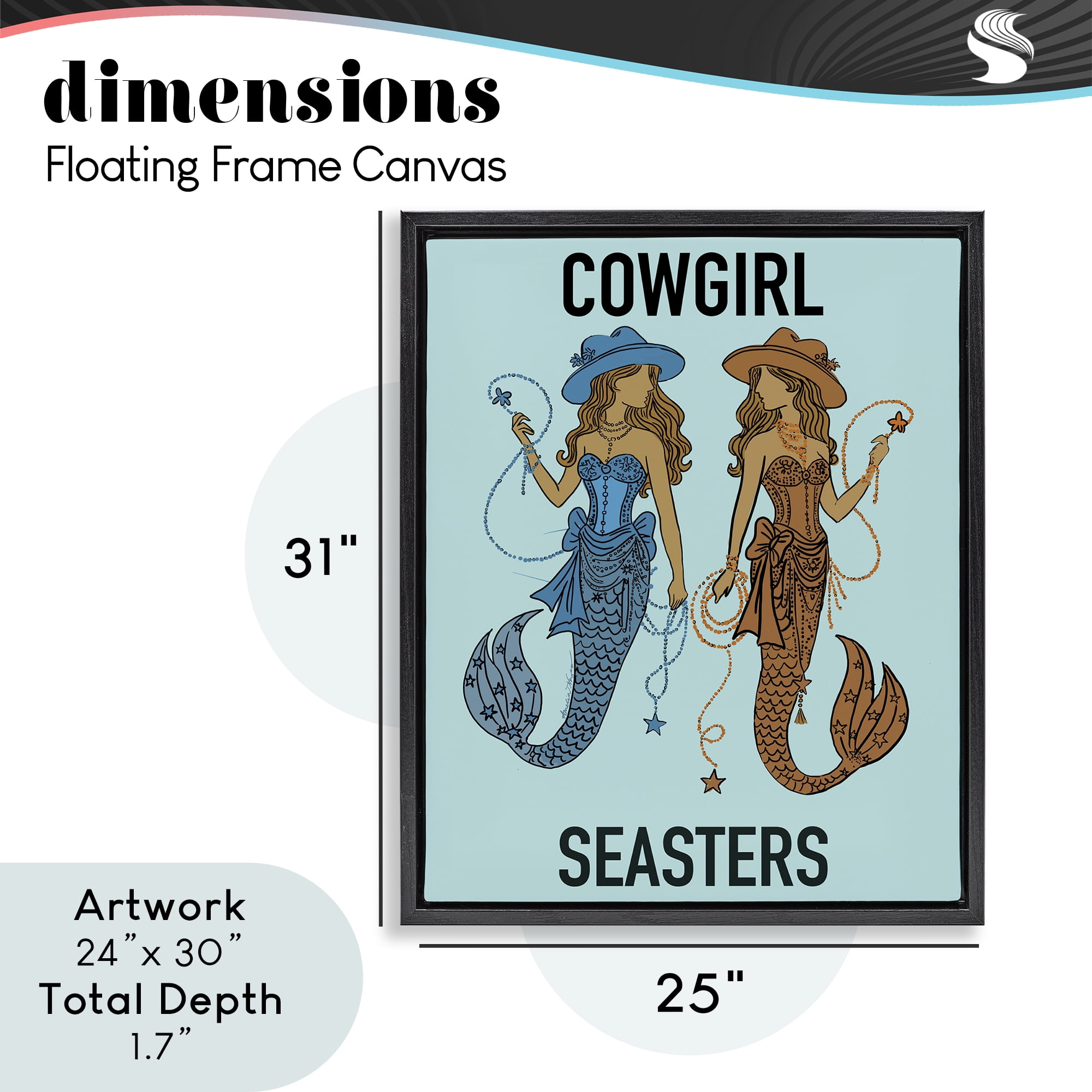 Cowgirl Seasters Mermaid Friendship Black Framed Floater Canvas Wall Art, design by Amelia Noyes