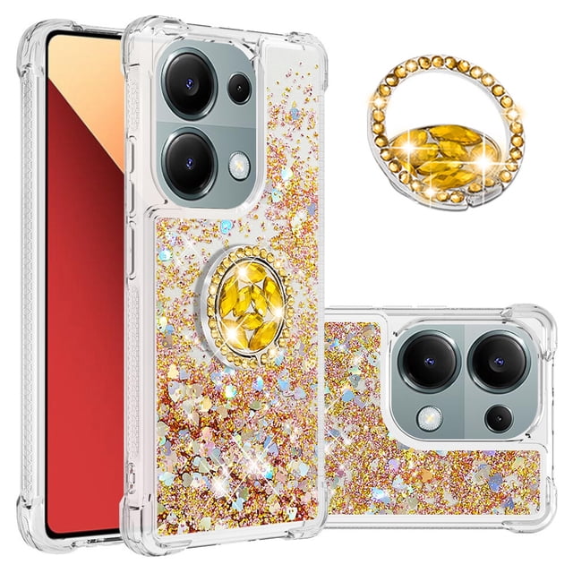Funda para Xiaomi POCO M6 Pro 4G con Brillo Líquido Flotante, Purpurina, Parachoques y Anillo Giratorio Soporte