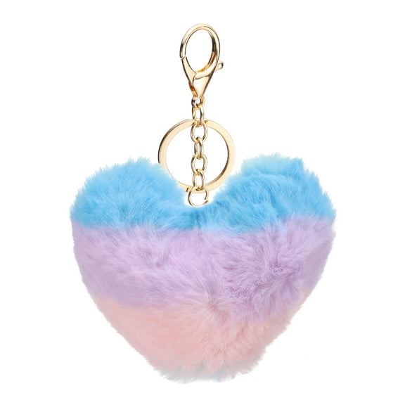 Uxcell Pom Pom Keychain, 10 cm Soft Cute Fluffy Heart Key Ring, Blue-White