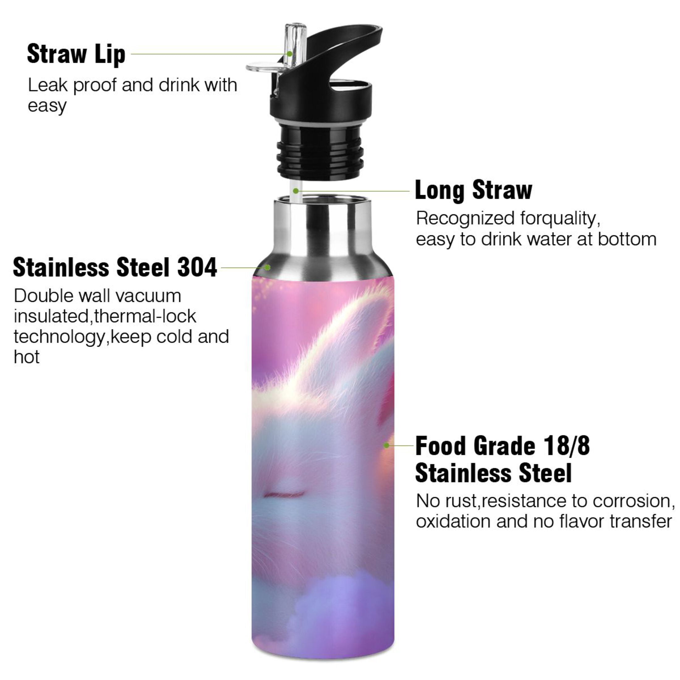 Cute Rabbit Sleeping on Dreamy Clouds Sports Bottle with Straw Stainless Steel Water Jug Portable Thermal Cup Leak-proof 1000ML