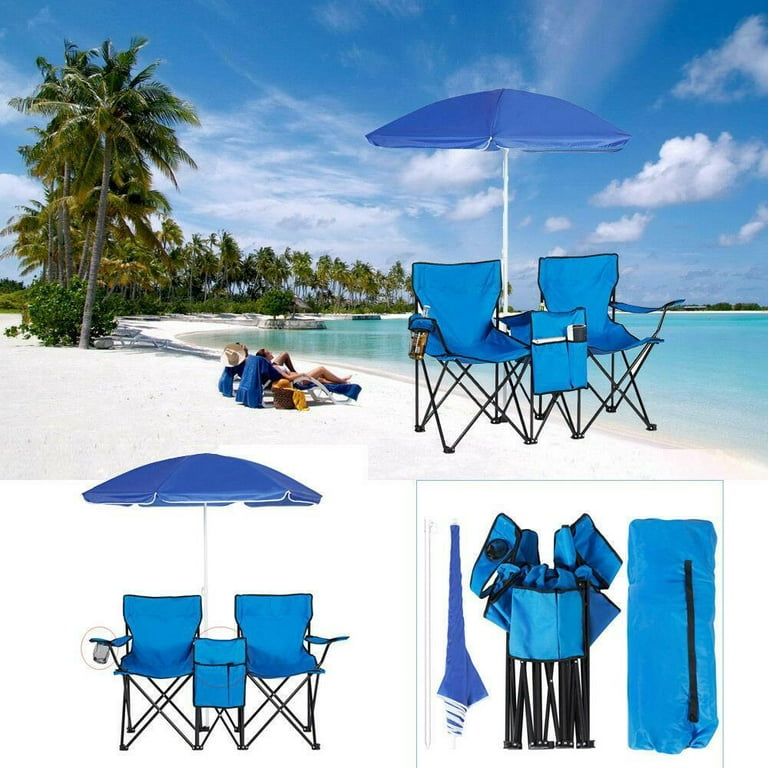 Goorabbit Anti-UV Umbrella Fishing Camping Chair Outdoor 2-Seat Folding  Stool Beach Leisure Lounge Chair Support 180lbs,Blue