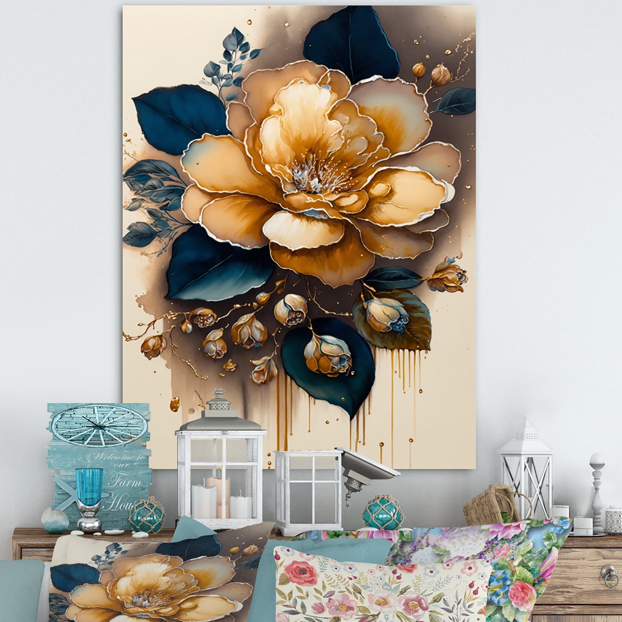 Designart Yellow And Dark Blue Camellia Flower I Canvas Wall Art