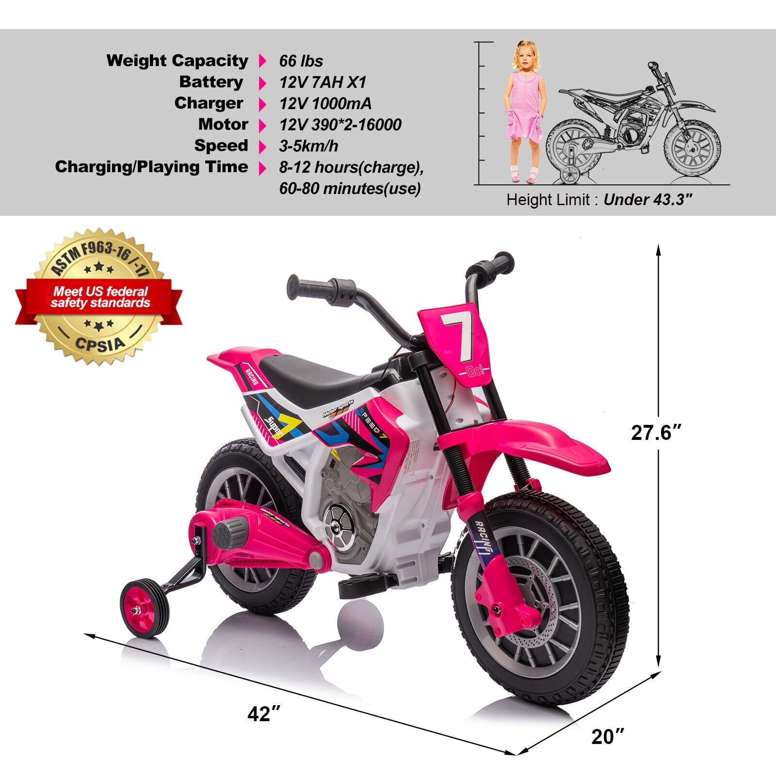 JOYLDIAS 12V Ride On Motorcycle Dirt Bikes for Kids with Training Wheels, Spring Suspension, Rose Pink