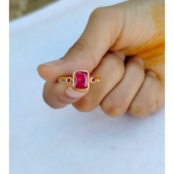 Emerald Cut Lab Created Ruby Solitaire Ring Yellow Gold Minimalist Ring Statement Art Deco Jewelry July Birthstone Anniversary Gift for Her