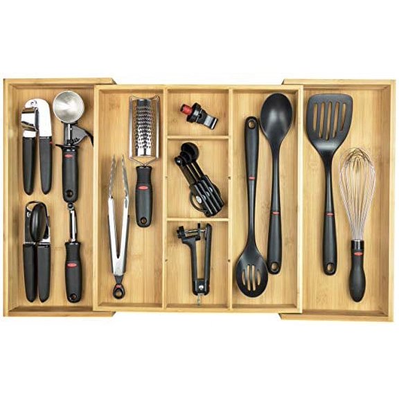 KitchenEdge Adjustable Kitchen Drawer Organizer for Utensils and Junk, Expandable to 28 Inches Wide, 9 Compartments, 100% Bamboo