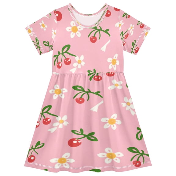 Girls Short Sleeve A-Line Dress Daisies and Bow Pattern Play Dress Sizes 2T