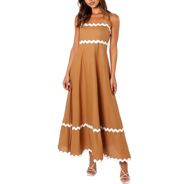 WTXUE Robes Maxi en Liquidation, Robe Nuisette Sans Manches Élégante à Encolure Carrée, Femmes 2024 Été Robe Longue Fluide à Étages Type Camisole Unie Vestidos Casuales Para Mujer Verano Maxi Women, Brun+s(US:2-4)