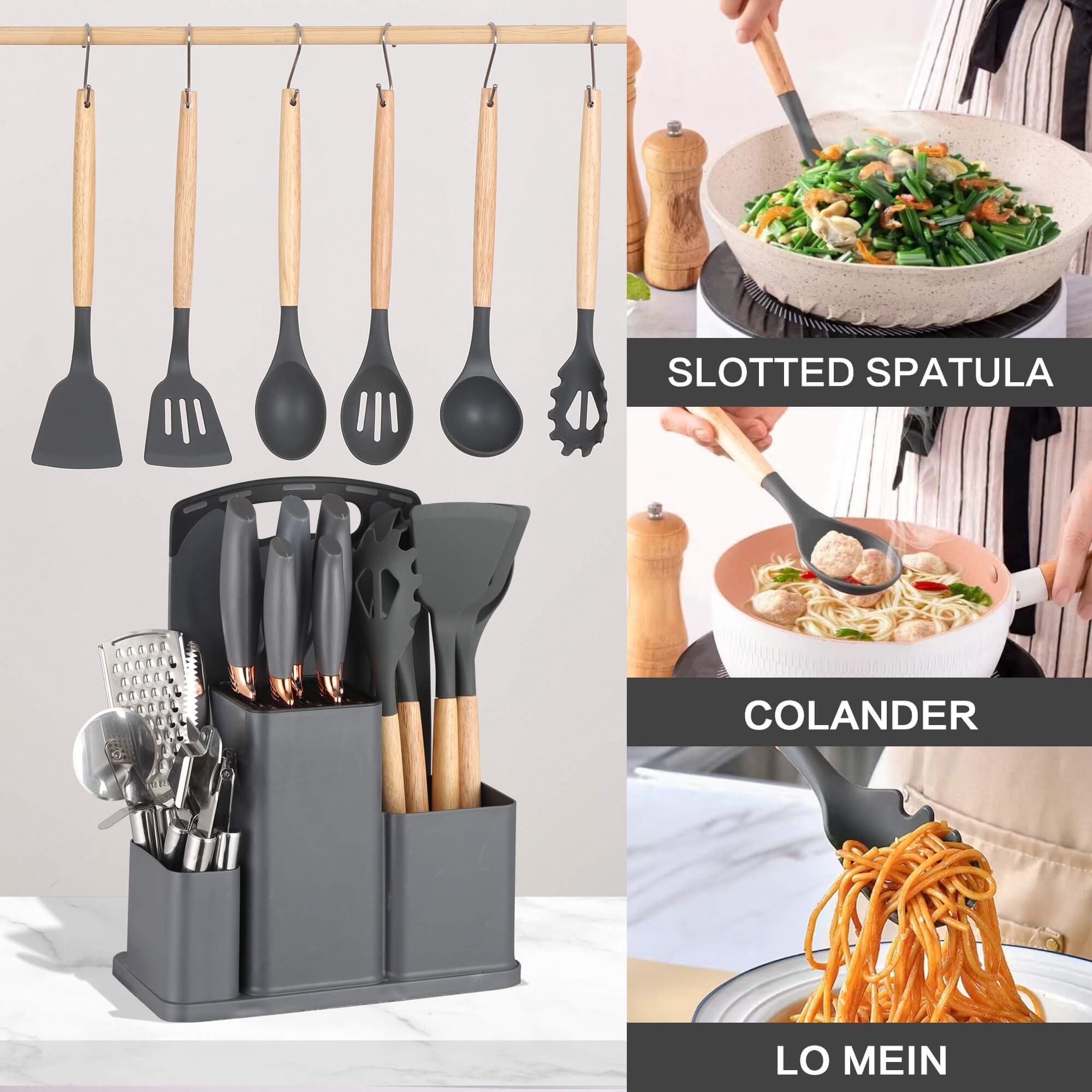 HEESEM 20 Pcs Silicone Stainless Steel Cooking Utensils Set -Multifunctional Kitchen Utensil Set - Gray