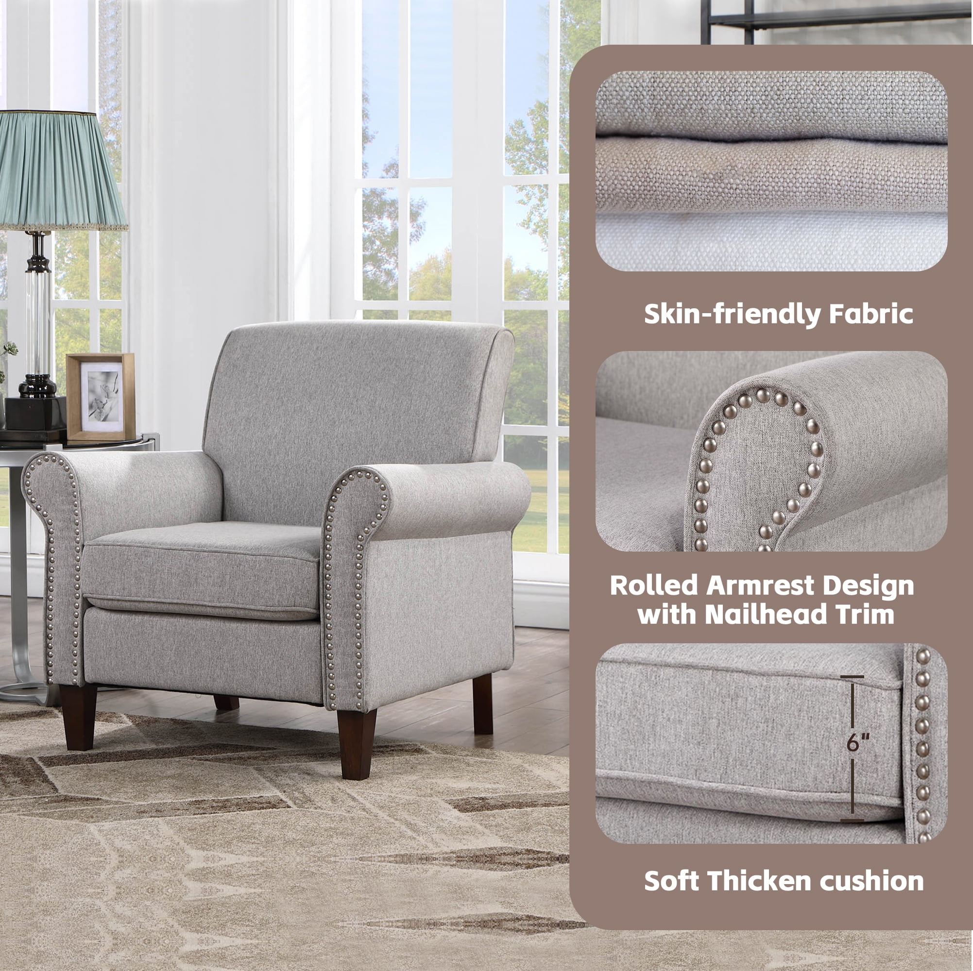 TrumanPick Accent Chairs Fabric Living Room Chairs Armchair with Nail-Head Trim Cozy Sofa Chair for Bedroom, Grey