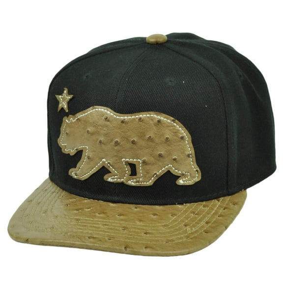 California Republic Cali Bear Ostrich Flat Bill Snapback Black Brown Hat Cap