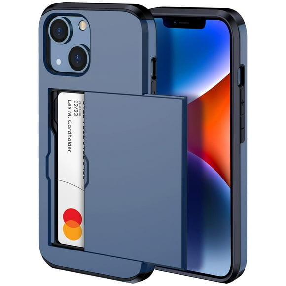 harusaki ???????? ?????? for iPhone 14 Case with Card Holder, Wireless Charging Compatible iPhone 14 Wallet Case, Slim Shockproof iPhone 14 Case Wallet (Blue)