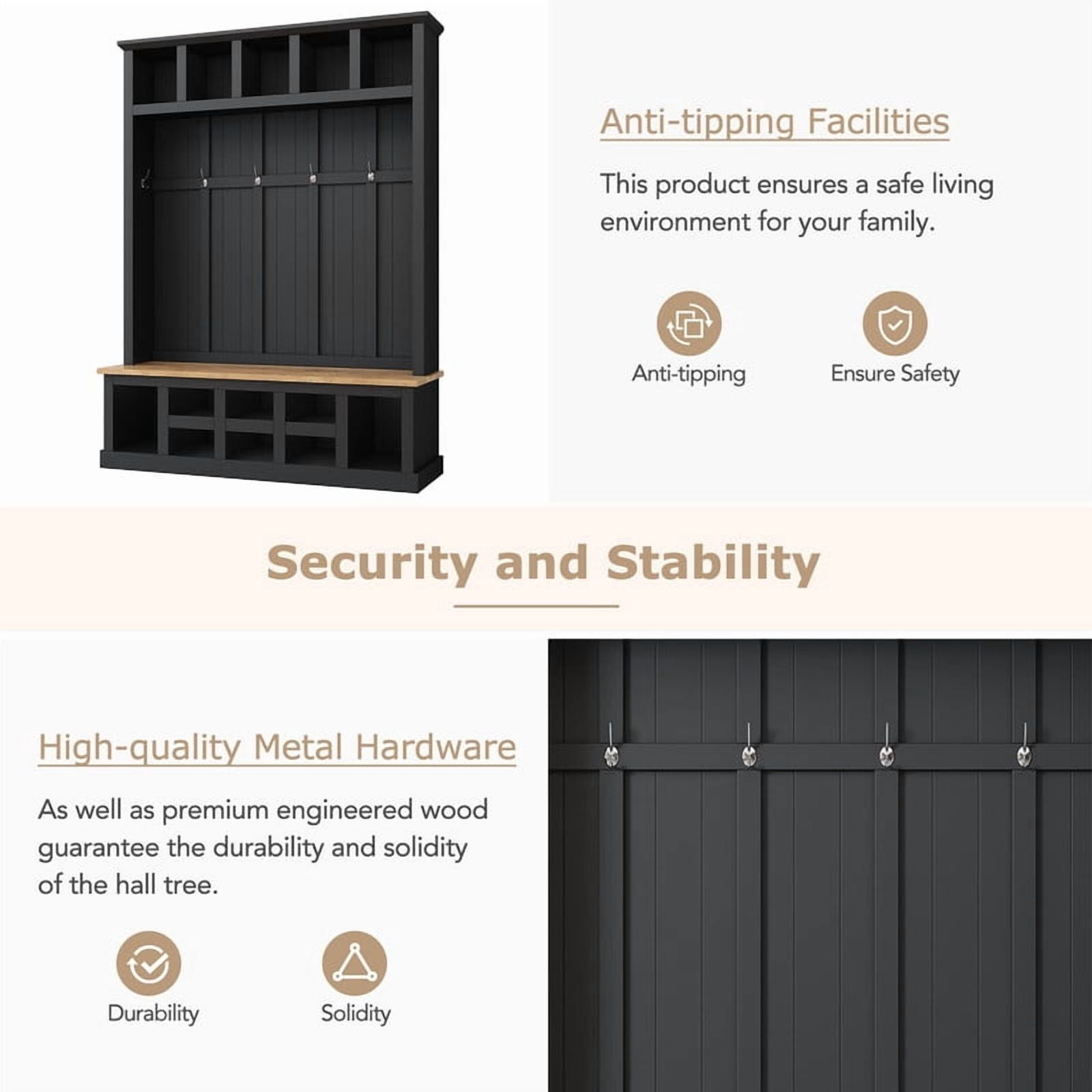 Farmhouse Hall Tree with Shoe Storage Bench and 13 Compartments, Entryway Coat Rack with 6 Hooks, Elegant Shoe Cabinet for Mudroom, Living room