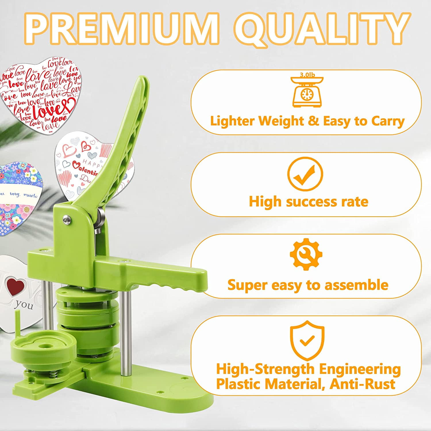VIFERR Heart Shaped Button Maker Machine, Button Press Machine with 100pcs Heart Button Parts DIY Pins Making Kit Gift for Kids (Green)