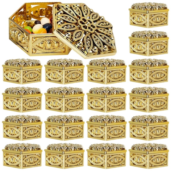 24 Pcs Hollow Out Hexagon Candy Boxes, Decorative Candy Containers, Wedding Favors, Return Gifts, 2.4x2.4x1.2 in Golden Plastic Candy Cases