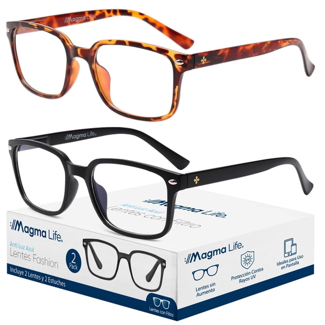 MAGMALIFE Lentes para Computadora Paquete de 2 Piezas con Tecnología Blue Light y Protección UV400, Antirreflejantes, Unisex, Sin Graduación, Diseño Moderno, Gafas para Oficina, Estudio o Pantalla