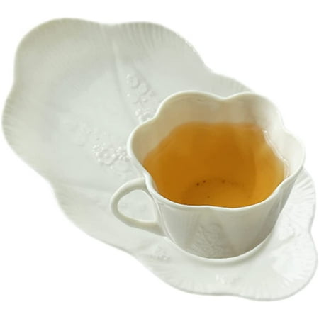 

DanceeMangoo Embossed Porcelain Cup and Saucer Set 6oz Tea Cups and 8-Inch Breakfast Tray Flower Shape