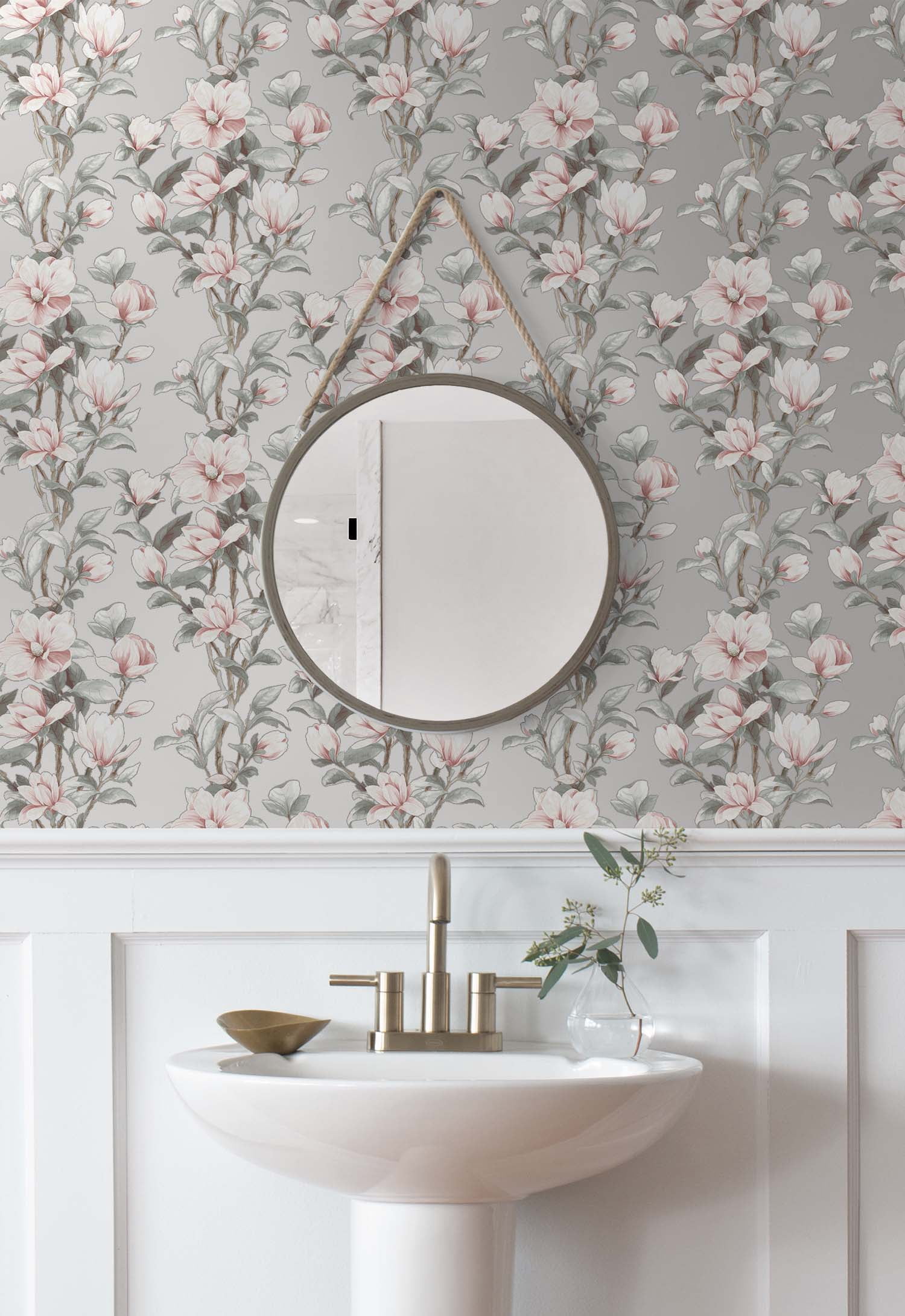 NextWall Metallic Silver & Petal Pink Magnolia Trail Peel and Stick Wallpaper