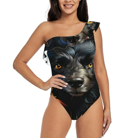Qokaie Colorful Floral Black Dog Print Women s One Piece Swimsuits Tummy Control Bathing Suits Asymmetric One Shoulder Swimwear-Medium