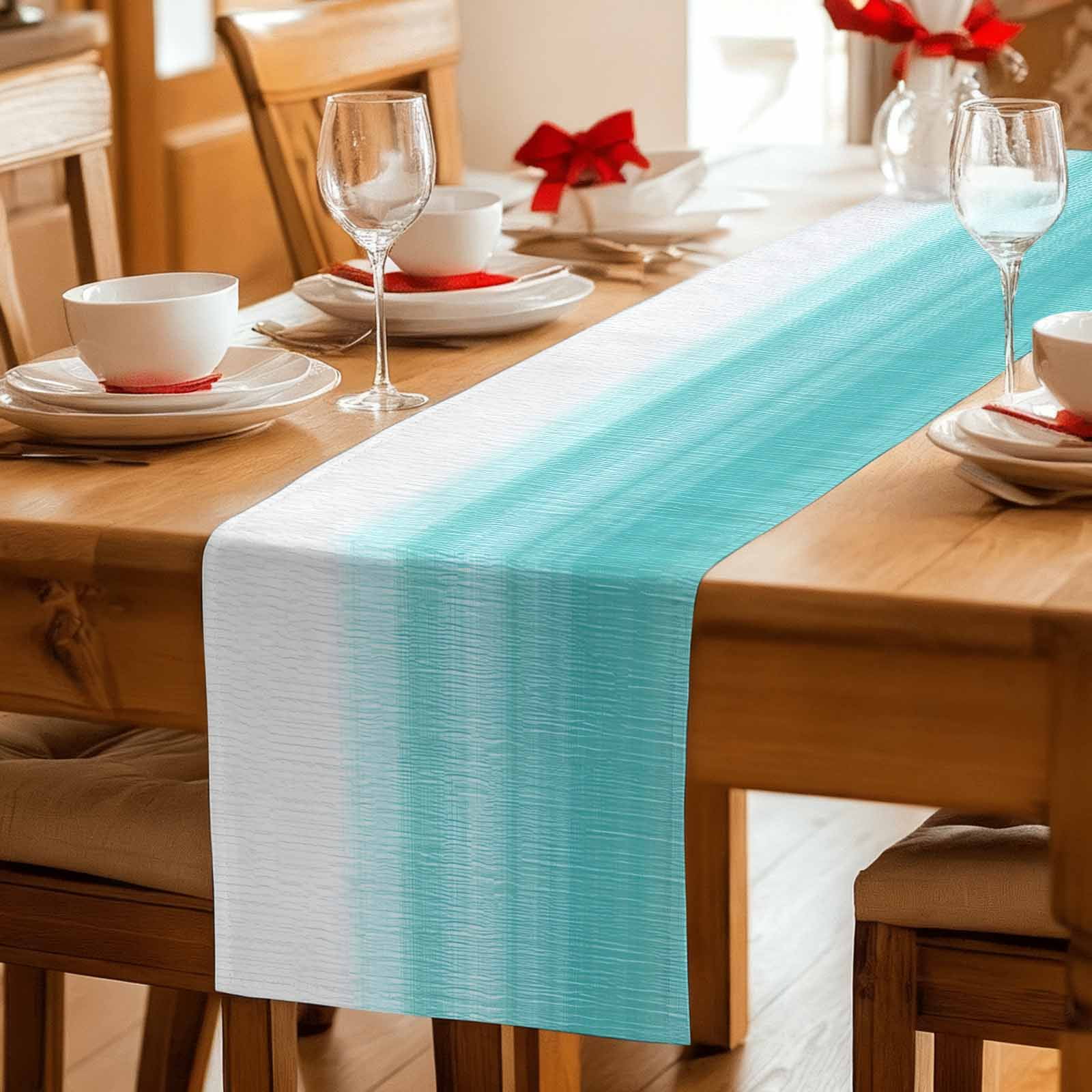 Aqua White Ombre Table Runner, Chic Modern Funny Abstract Striped Art Washable Cotton Linen Table Runners 48 Inches Long, Dresser Scarf Runner for Nightstand/Coffee/End Tables 13''x48''