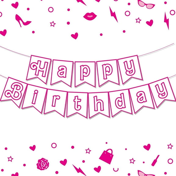 Pink Doll Themed Happy Birthday Banner White Hot Pink Birthday Party Decorations Happy Birthday Bunting Sign for Girls Women Birthday Party Decor Supplies