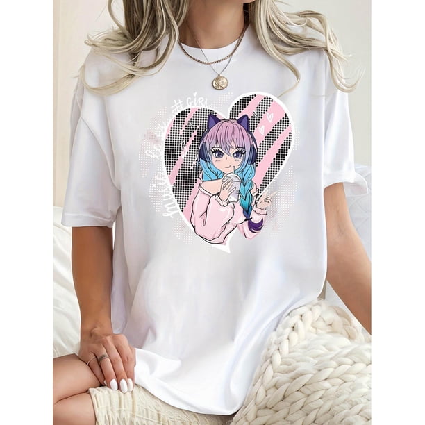 Women Crewneck Print Short Sleeve T-Shirts Summer Tees Loose Fit Graphic TopsWomen's Casual Crew Neck T-Shirt with Creative Heart & Cute Girl Print, Fashionable Short Sleeve Top, Polyester 95% Span