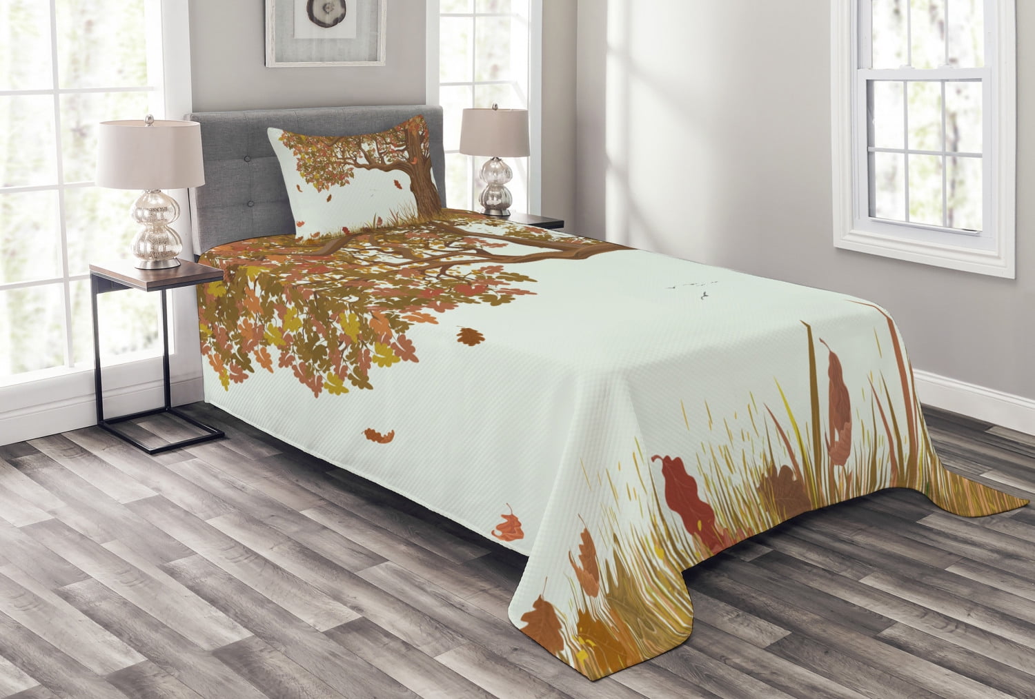 Twin Size Ambesonne Fall Bedspread Tan Yellow Swirling Autumn Leaves Shady Seasonal Elements Aesthetic Nature Image Decorative Quilted 2 Piece Coverlet Set with Pillow Sham