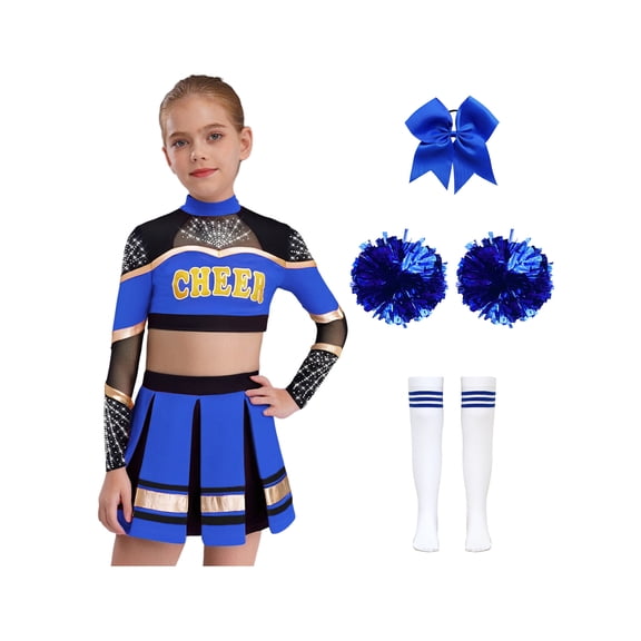TiaoBug Kids Girls Cheerleading Outfit Sparkle Cheer Crop Top with Pleated Skirt & Flower Balls Socks Hairband Blue 8