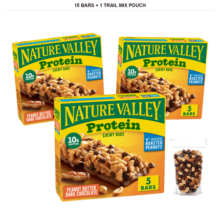 Nature Valley Protein Chewy Snack Bars, Peanut Butter Dark Chocolate, 15 Bars, 7.1 oz with 1 Bybies Trail Mix Pouch, 2 oz