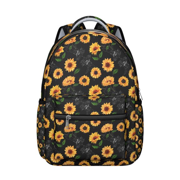Black Sunflower Backpack for School,Cute School Bag,Schoolbag with Adjustable Shoulder Straps & Padded Back,15.3"x11"x7.1".﻿