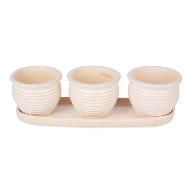 Juego de macetas de cerámica DII para hierbas redondas, color crema con platillo, 3 unidades