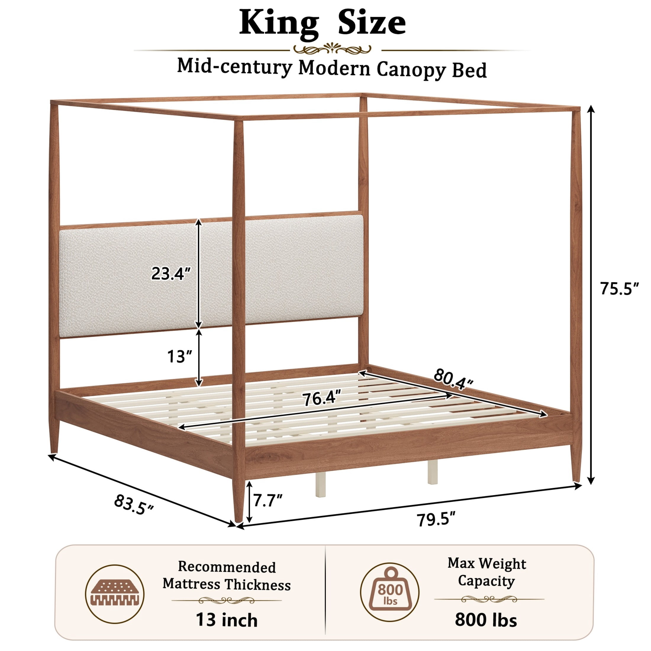 Christopher Knight Home Modern King Solid Wood Bed Frame with Boucle Upholstered Headboard, Walnut