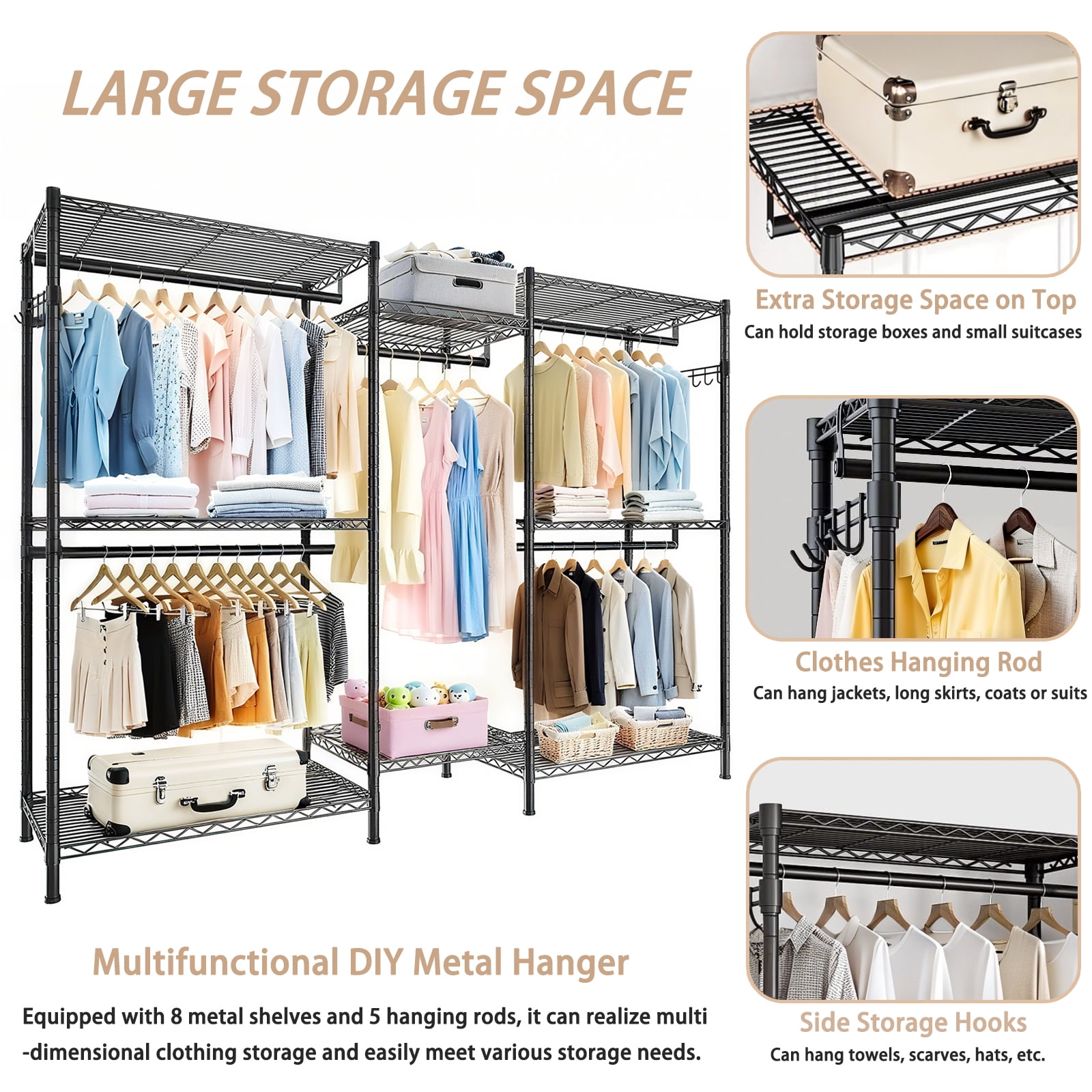 Miniyam Heavy Duty Garment Rack with Adjustable Shelves and Hanging Rods, Freestanding Closet Organizer