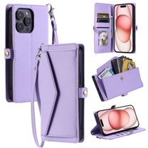For Apple iPhone 14 Case Wallet, Cards Holder RFID Blocking Crossbody Shoulder Strap Hand Wrist Bumper Shockproof Flip Cover Stand Protective PU Leather Phone Case for iPhone 14, Purple