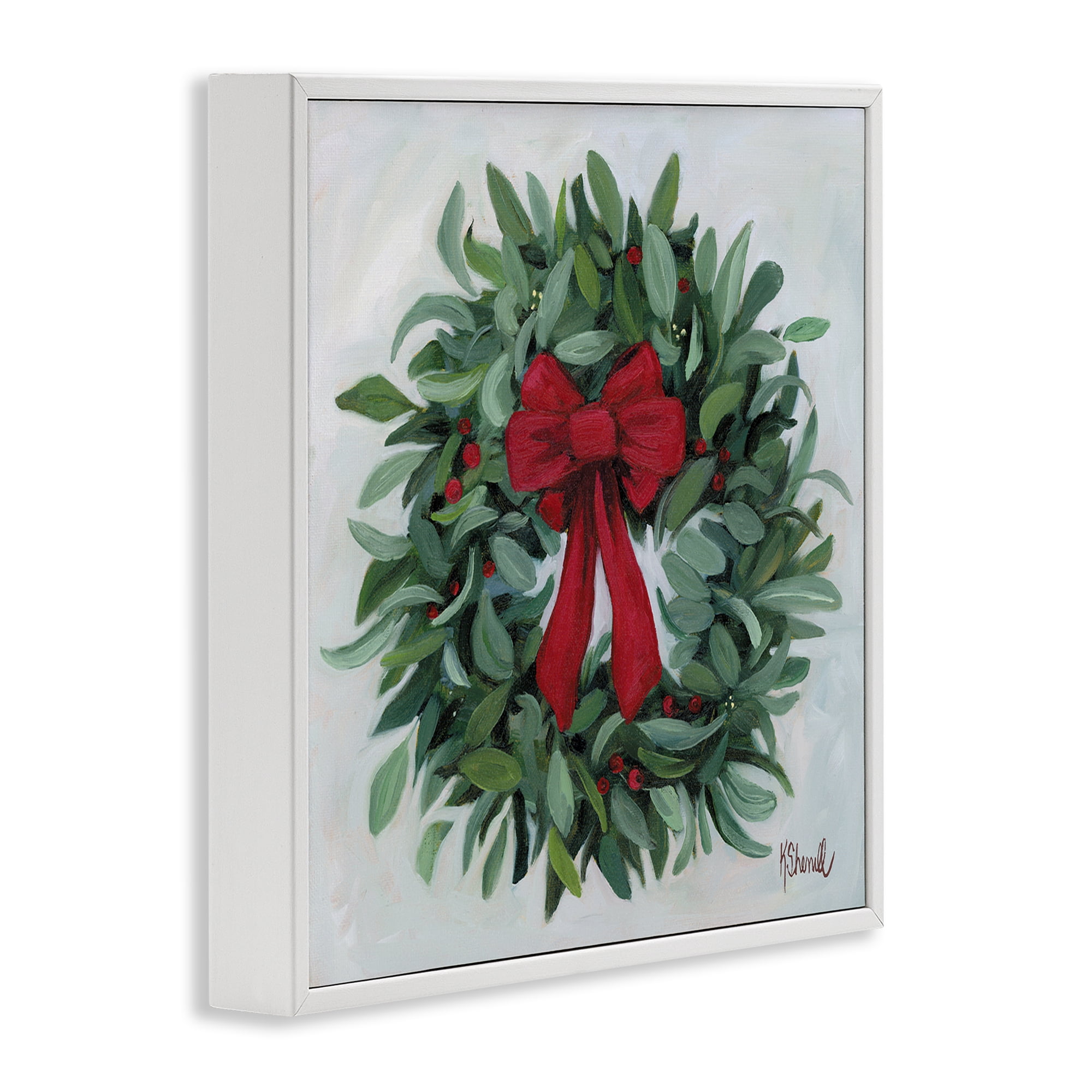 Stupell Industries Wreath with Red Bow Holiday Painting White Framed Art Prints Wall Art, 24 x 24