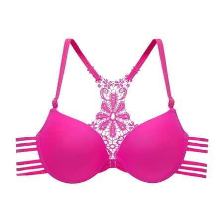 Yyeselk Women s Push Up Bra Floral Lace Racerback Front Closure Bras Sexy Lift Up No Underwire Tshirt Bra Seamless Full Coverage Wireless Bra Hot Pink M