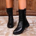 thumbnail image 2 of Women's Knee High Boots with Side Zipper Fashion Buckle Straps Lace up Combat Boots Non Slip Motorcycle Shoes Black Size 6, 2 of 6