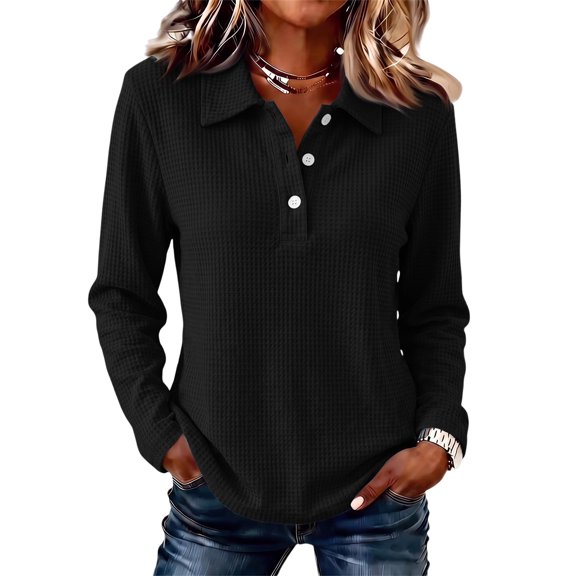 Hsovts Preppy Women Collared Polo Shirts Cotton Long Sleeve Solid Button Placket Tops Shirt Style for Office Travel Daily Occasions Black S