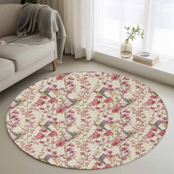 Round Rug 4Ft Washable Non-Slip, Pink Beige Flowers Circle Area Rugs for Living Room Bedroom, Spring Floral Elegant Pastoral Rustic Indoor Floor Mats Carpet Runner for Home Decor Aesthetic