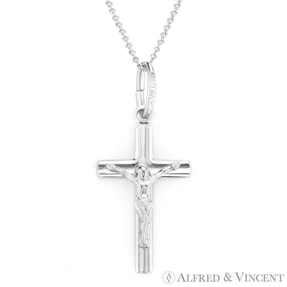 Jesus on Crucifix Catholic Latin Cross & Chain Necklace in .925 Sterling Silver w/ Rhodium