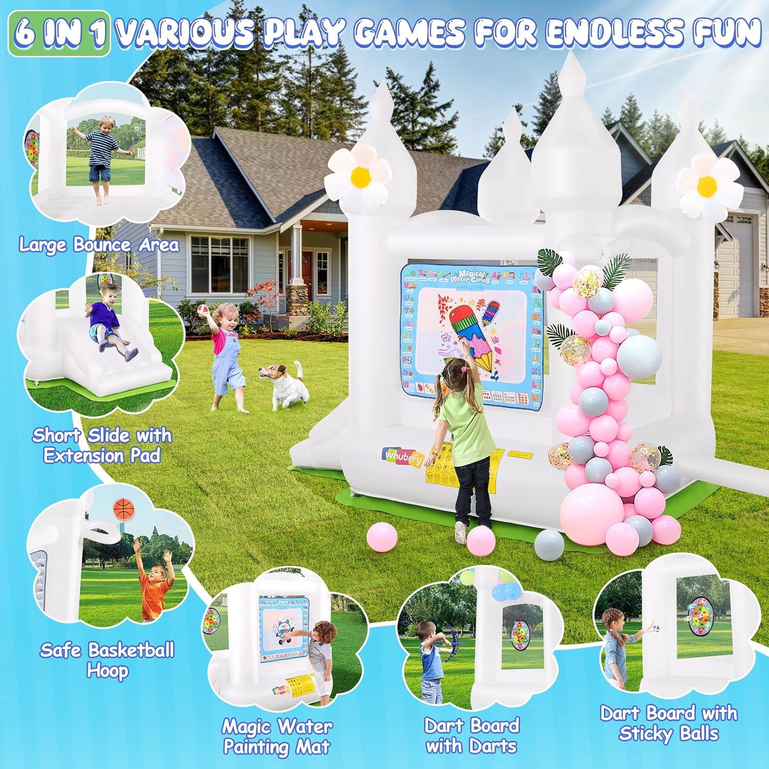 Adnoom Bounce House for Kids 3-8, White Bouncy Castle with Slide, Inflatable Bouncer with Magical Water Canvas, Wedding Party Kids Birthday Party, Indoor & Outdoor