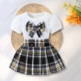 thumbnail image 2 of CPNG Toddler Girl's 2 Piece Outfit Bow Front Short Sleeve Tee and Plaid Pleated Skirt Set Summer Sweet Stylish Set(Black,4-5 Years), 2 of 9