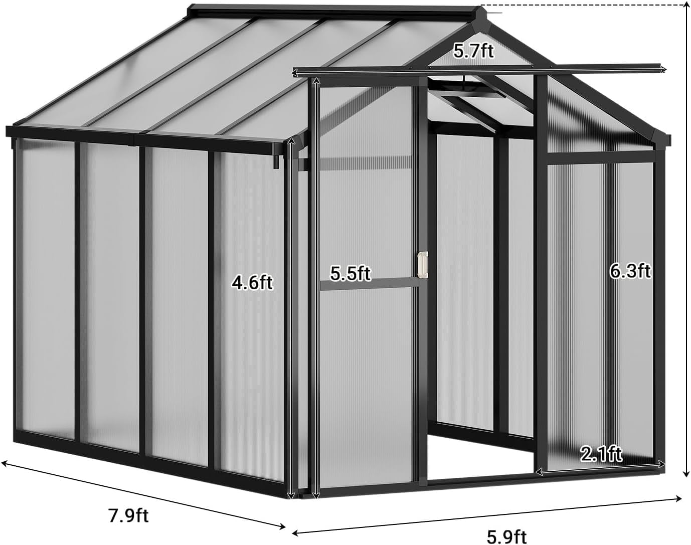 CazToi 6x8 FT Aluminum Frame Walk-in Polycarbonate Greenhouse with Roof Vent & Lockable Sliding Door