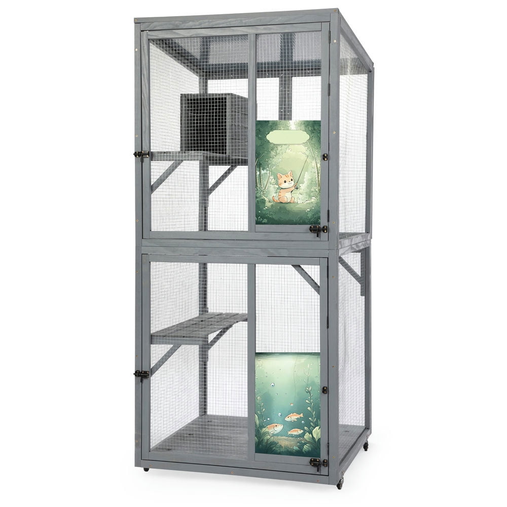 Spaco 70-Inch Cat Window Catio House, Outdoor Wood Cat Enclosure with Wheels and Platforms, Gray