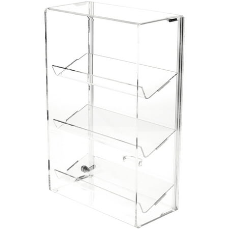 Plymor Clear Acrylic Locking Display Case with Sliding Back, 3 Angled Shelves, 15.75" H x 10.25" W x 5" D