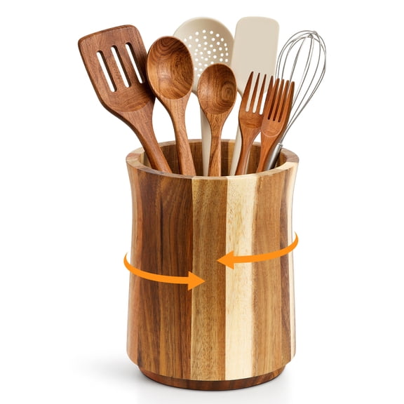 LIZEVINC Wooden Utensil Holder, 360° Rotating Kitchen Utensil Holder, 7.3'' Extra Large Utensil Crock, Farmhouse Kitchens Countertop Decor