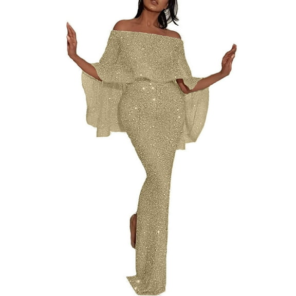 Womens Elegant Evening Gowns Off The Shoulder Sequins Split Wrap Dresses Prom Wedding Guest Dress