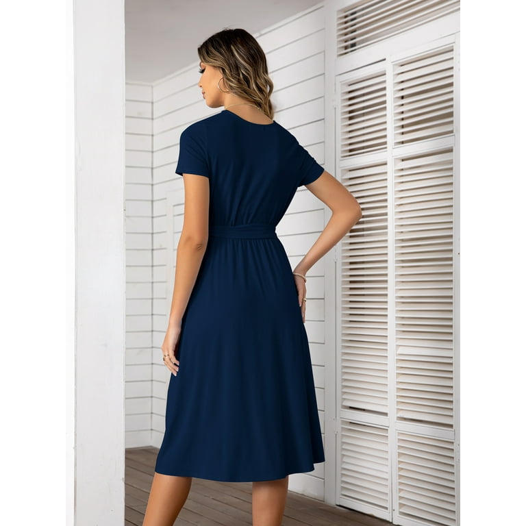 YININF Women s Navy Blue Casual Dress Pleated Loose Flowy Midi High Waist with Hidden Pocket Belted Dresses Blue Size Small